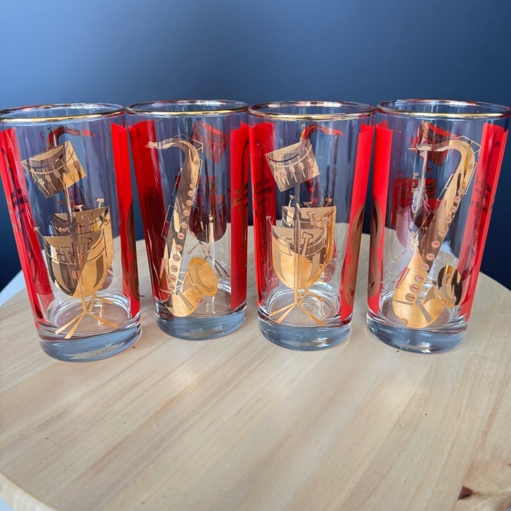 Set of 4 MCM Red & Gold Guild Tumblers Tall Drinking Glasses Musical Instuments